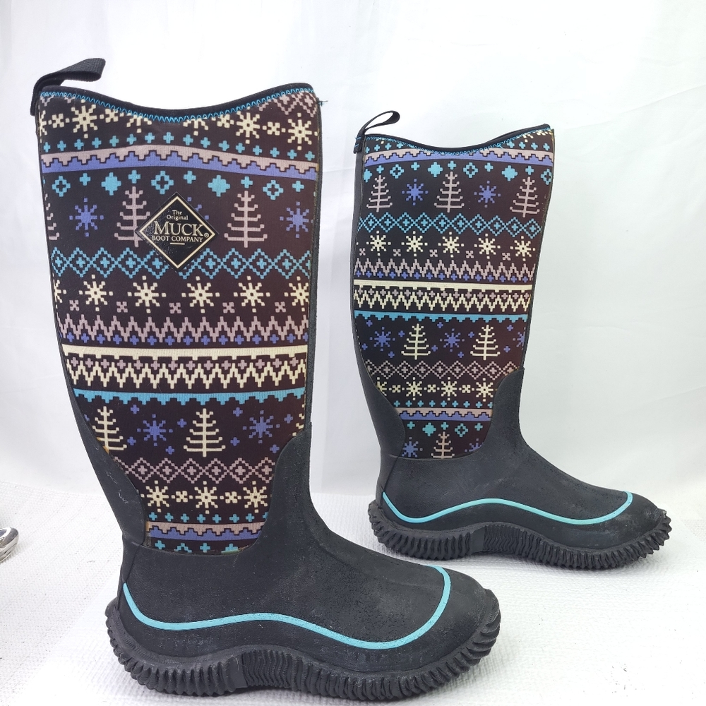 Muck Boots Black Winter Snowflake Print Water Mud Pull On Shoes Womens Size 5